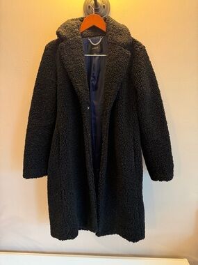 J.Crew Womens Black Teddy Sherpa Fleece Longline Coat Jacket Small Navy Lining